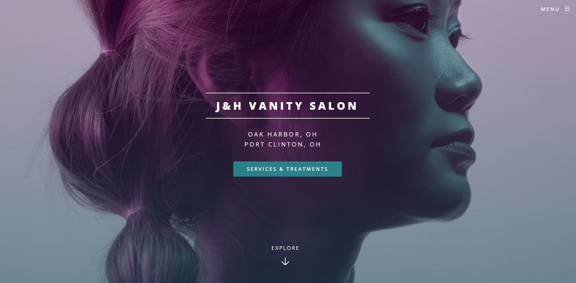 Side profile image of a woman with J&H Vanity Salon text in front of her.